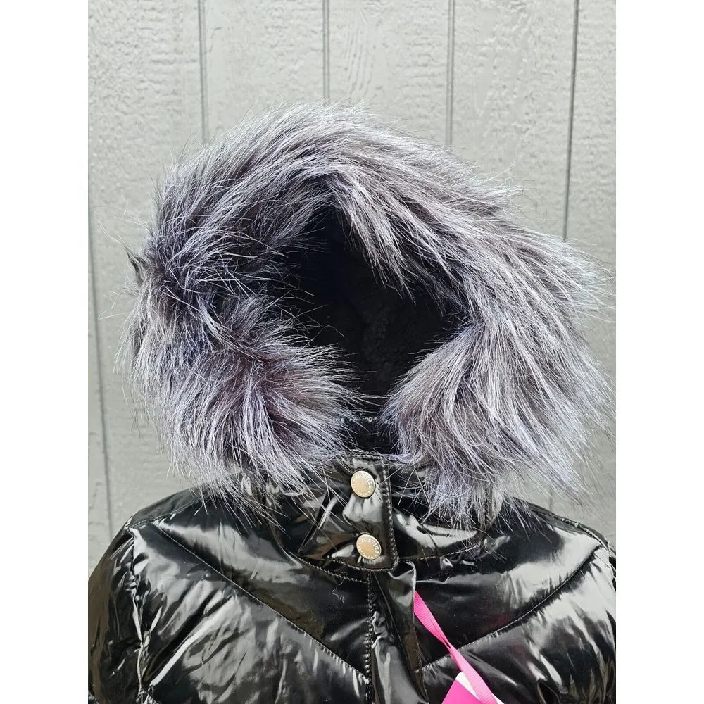 Justice Girls Black Puffer Jacket Hood Sherpa Lined Full Zip Pockets‎ Size S 7/8